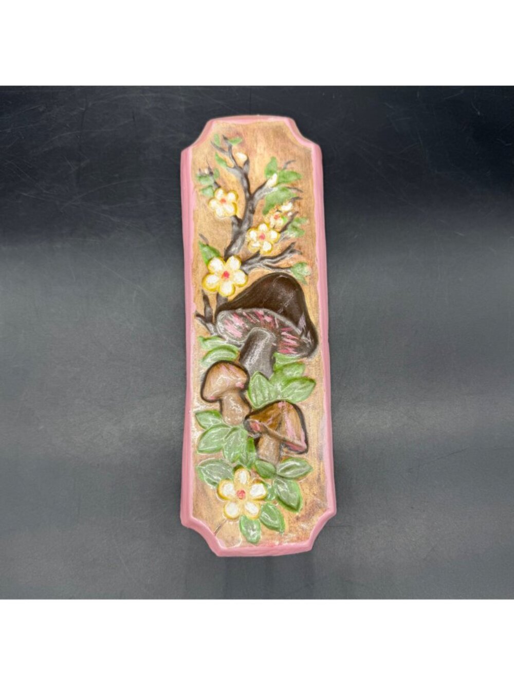 Vintage Mushrooms Flowers Wall Hanging Plaque Chalkware 70s Pink Brown Botanical - Picture 2 of 7